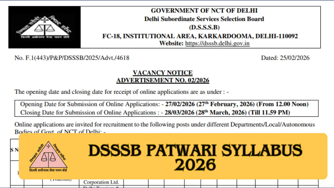 DSSSB Patwari Syllabus 2026 की पूरी जानकारी हिंदी में। यहाँ देखें एग्जाम पैटर्न, विषय-वार टॉपिक्स (Maths, Reasoning, Delhi GK)