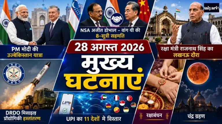 Taiyari.In A Perfect Platform to get A Govt. Job 22 28 अगस्त 2026: करेंट अफेयर्स (DRDO, भारत-चीन, UPI, PM मोदी)